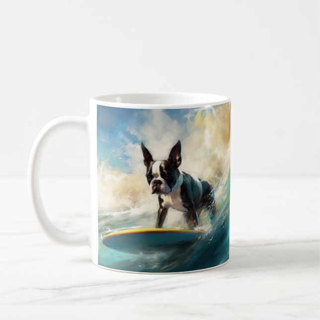 Caneca De Café Pintura de surf em Boston Terrier Beach (Esquerda)