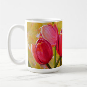 Caneca De Café Pintura de Tulipas Rosa e Vermelha