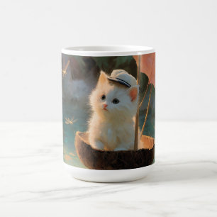 Caneca De Café Pintura de um gatinho branco fofinho navegando em 