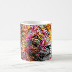 Caneca De Café pintura de um leão em cores vibrantes e abstratas.
