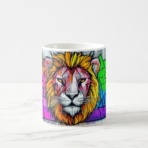 Caneca De Café pintura de um leão em cores vibrantes e abstratas.