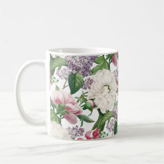 Caneca De Café Pionies & Lilases Jardim de Flores Padrão Aquarela
