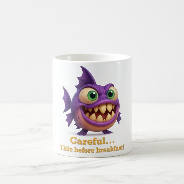 Caneca De Café Piraña divertida “Careful… I bite before breakfast (Centro)