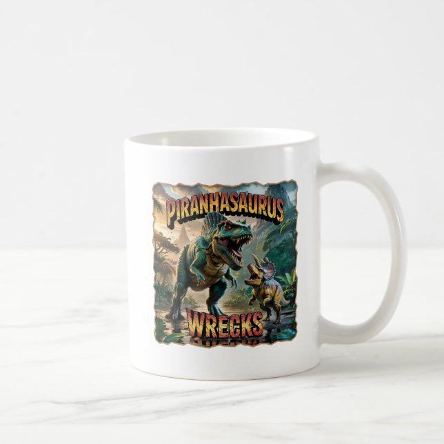 Caneca De Café Piranhasaurus Wrecks Illustration – Funny Scary (Direita)