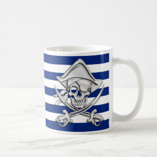 Caneca De Café Pirata prateada em faixas náuticas