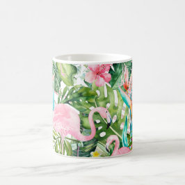 Caneca De Café PixDezines Flamingos Rosa + Folhagem Tropical