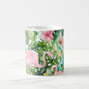 Caneca De Café PixDezines Flamingos Rosa + Folhagem Tropical