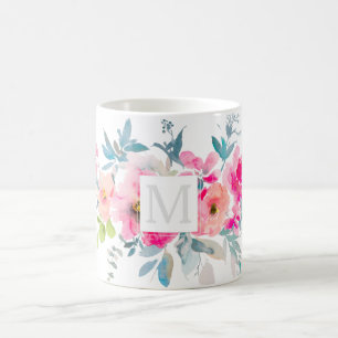 Caneca De Café PixDezines MONOGRAMA ROSA DO JARDIM AQUARELA ROSA