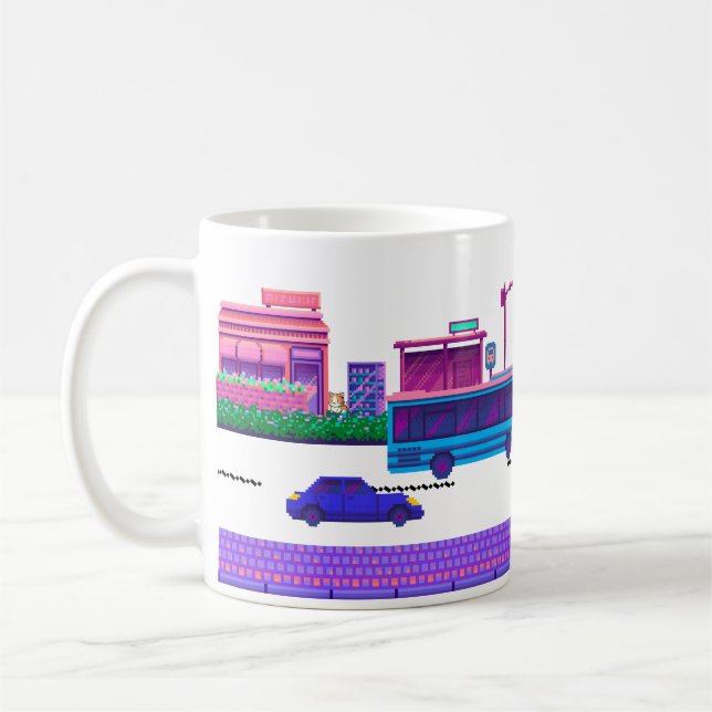 Caneca De Café Pixel Art Of Street, Car And Bus (Esquerda)