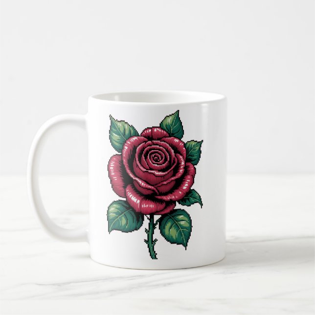 Caneca De Café Pixel Rose – Retro Floral Art (Esquerda)