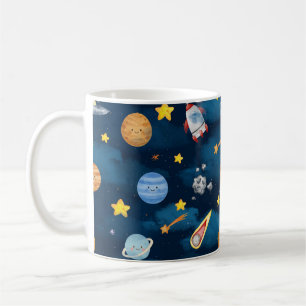 Caneca De Café Planetas do Espaço Exterior Azul Padrão Sem Costur