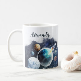 Caneca De Café Planetas Espaciais Exteriores e Navio Foguete Pers