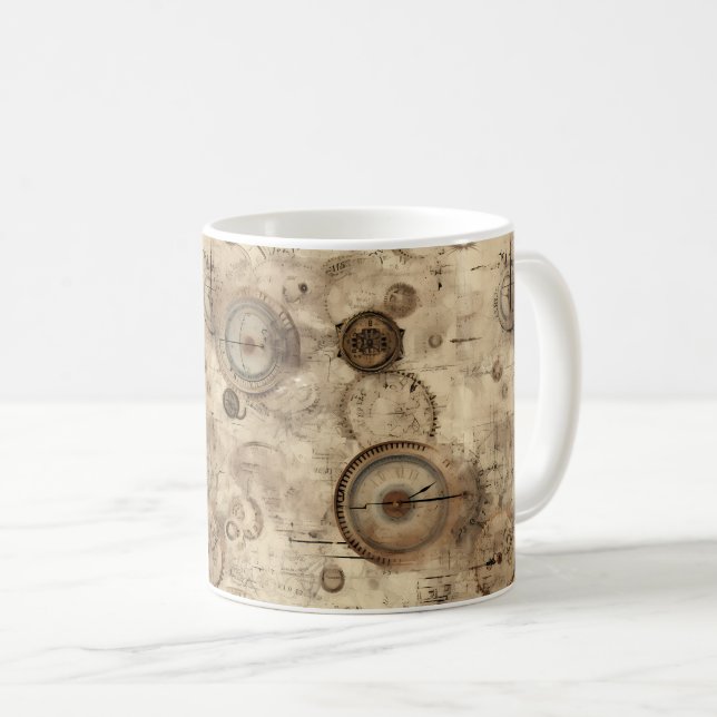 Caneca De Café Plano Mecânico Retrô Sépia Marrom (Frente Esquerda)