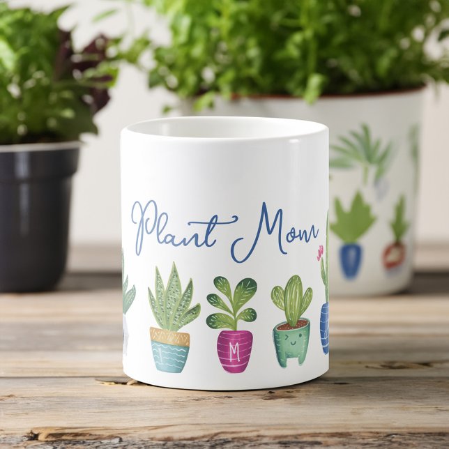 Caneca De Café Planta Mãe Diversão e Plantas Cultivadas Monograma (Plant Mom Fun & Cute Potted Plants Monogram Coffee Mug)