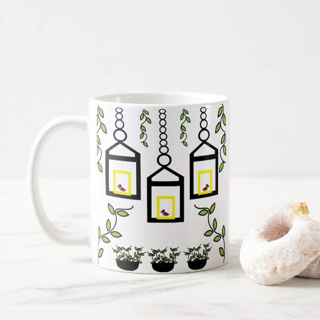 Caneca De Café Plantas Verdes Pássaros Padrão Natural (Com Donut)