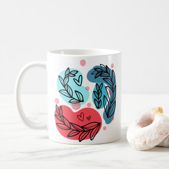 Caneca De Café Plantas Vermelhas E Azuis-Abstrato (Com Donut)