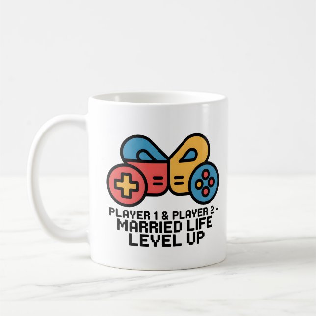Caneca De Café Player 1 & 2 Married Gamer Level Up Art (Esquerda)