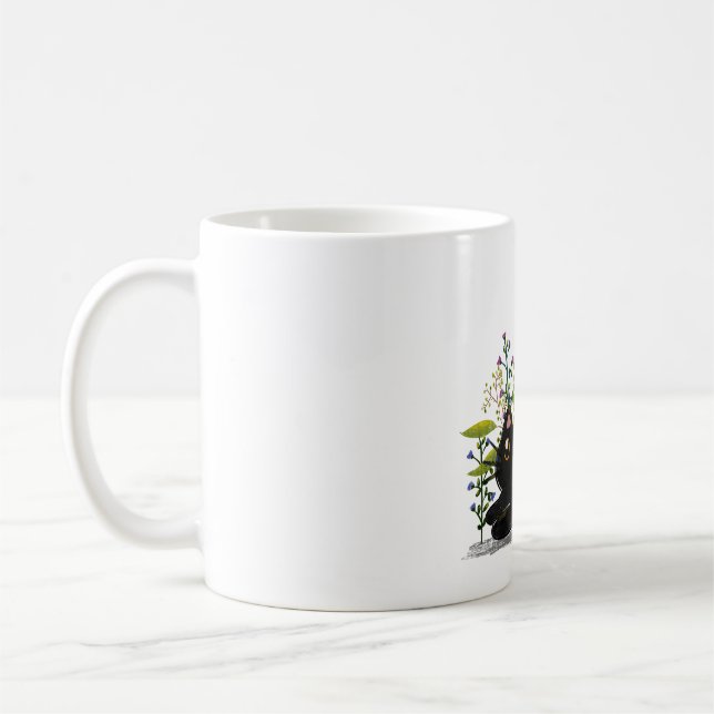Caneca De Café Playful Black Cat with Flowers – Cute Botanical (Esquerda)