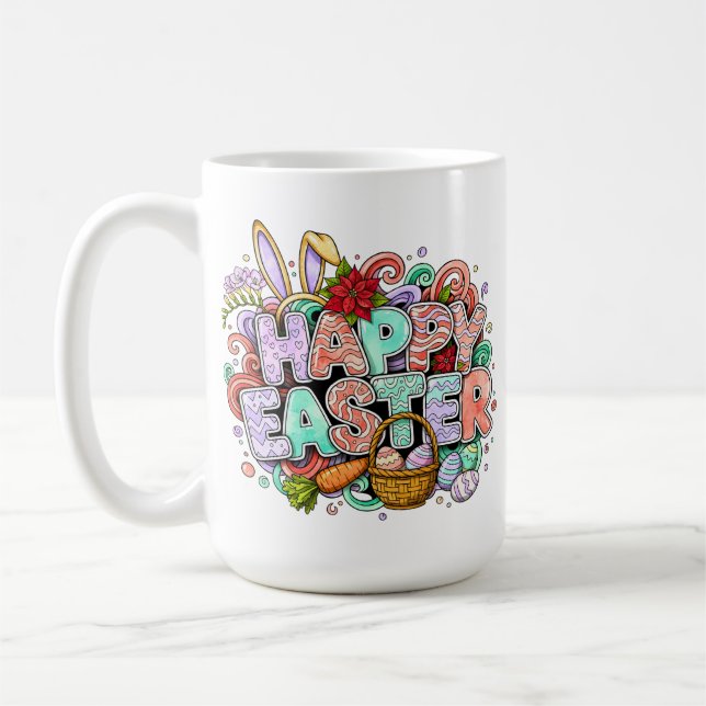 Caneca De Café Playful Easter Artwork With Bunny Ears and Florals (Esquerda)