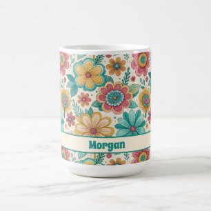 Caneca De Café Poder das Flores Abstrato Retro Floral, Nome Azul