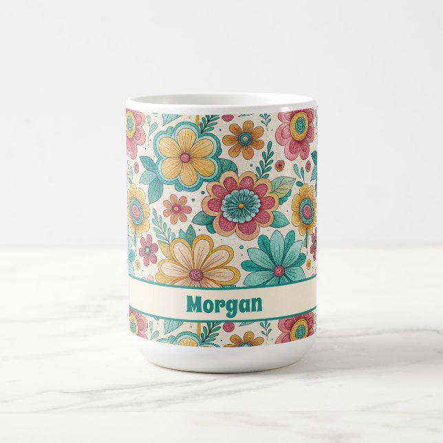 Caneca De Café Poder das Flores Abstrato Retro Floral, Nome Azul  (Centro)
