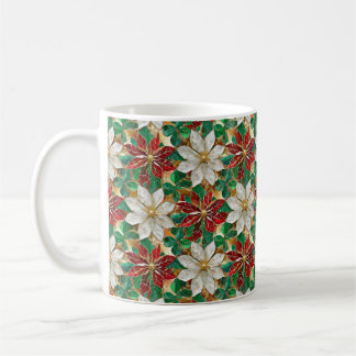 Caneca De Café Poinsétia Branco Vermelho Verde Dourado