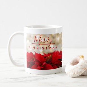 Caneca De Café Poinsétias vermelhas com Natal dourado de Bokeh