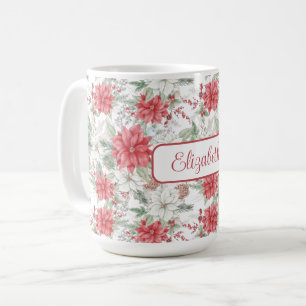 Caneca De Café Poinsetos brancos e vermelhos festivos monogramado