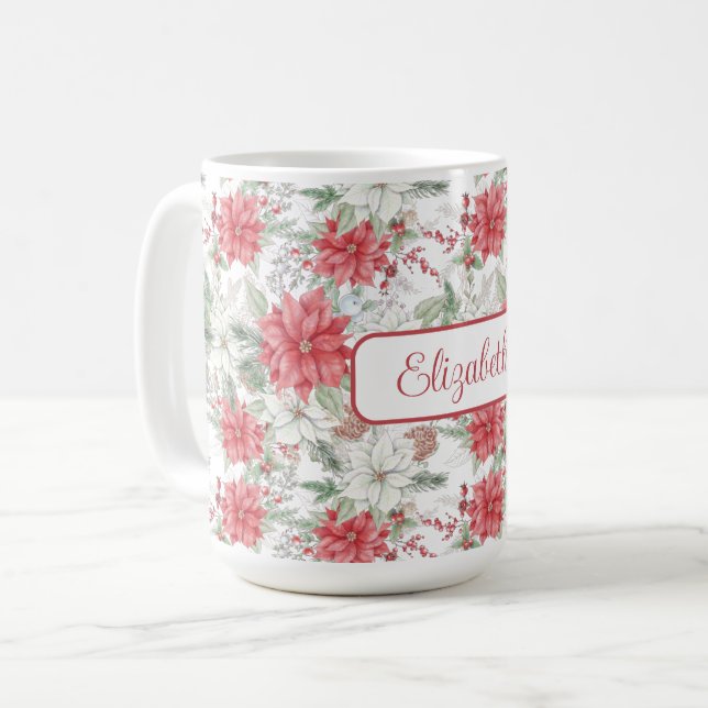 Caneca De Café Poinsetos brancos e vermelhos festivos monogramado (Frente Esquerda)