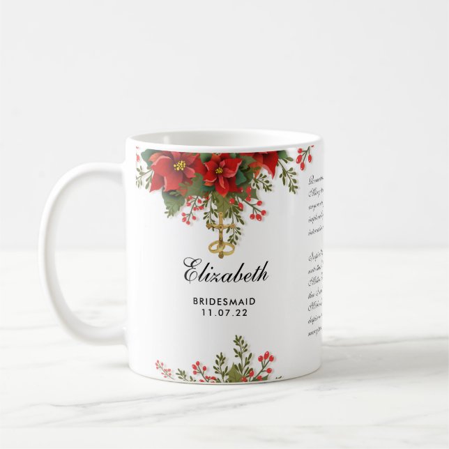 Caneca De Café Poinsettia de Natal Casada Bridesmaid Católica (Esquerda)