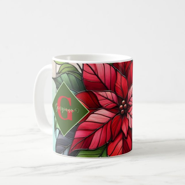 Caneca De Café Poinsettia De Vidro Festivo Personalizado (Frente Esquerda)