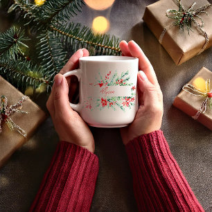 Caneca De Café Poinsettia e verde personalizados de Natal