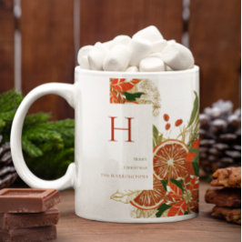 Caneca De Café Poinsettia Moderna & Folhagens | Monograma de Nata