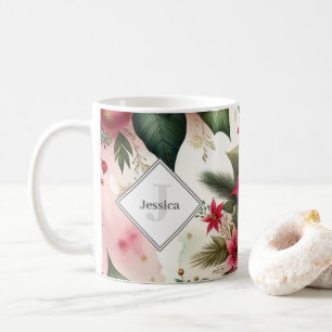 Caneca De Café Poinsettia personalizada de feriados vermelhos e v