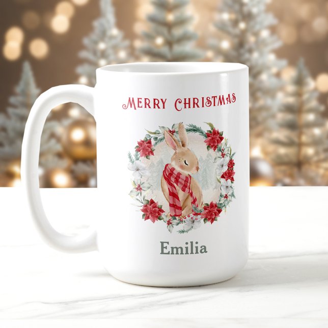 Caneca De Café Poinsettia Winter Bunny Name Christmas Mug (Poinsettia Winter Bunny Name Christmas Mug)