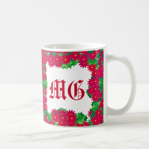 Caneca De Café Poinsettia Wreath com Monograma, Vermelho e Verde 