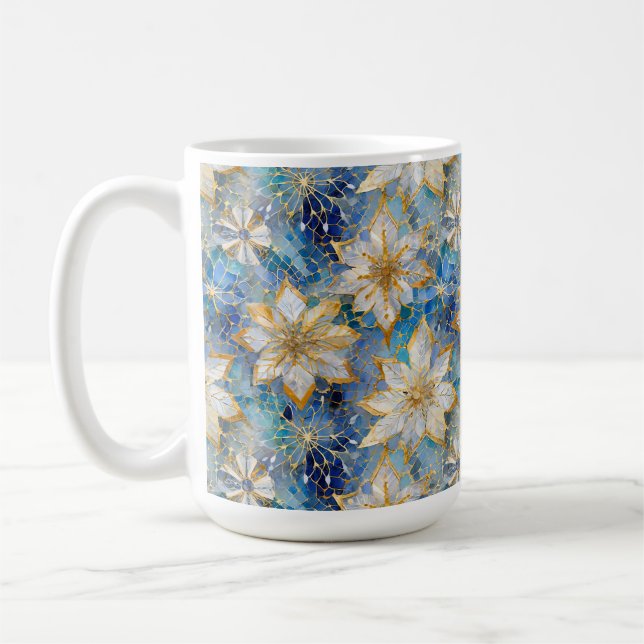 Caneca De Café Poinsettias Douradas de Natal Azul (Esquerda)