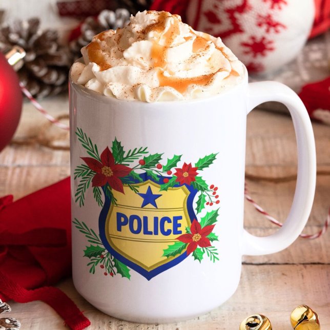 Caneca De Café Police Merry Christmas Shield with Poinsettia  (Criador carregado)