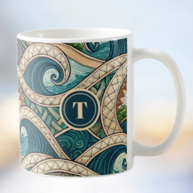 Caneca De Café Polynesian Tropical Wave Palm Trees Pattern Name (Criador carregado)