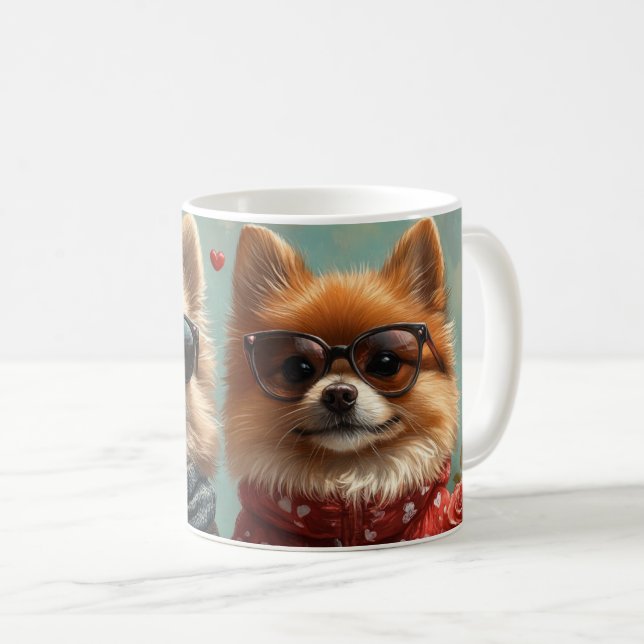Caneca De Café Pomeraniano com Dia de os namorados de Rosa cardía (Frente Esquerda)