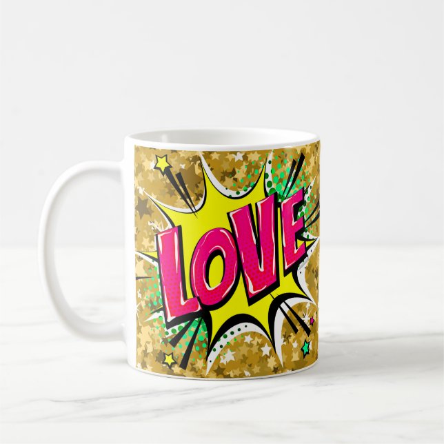 Caneca De Café Pop de BD Arte Púrpura Amarelo AMOR Novidade Engra (Esquerda)