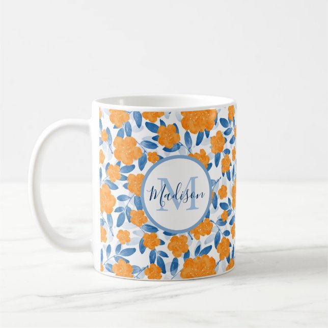 Caneca De Café Pópias de Aquarela e Padrão de Folhas (Esquerda)