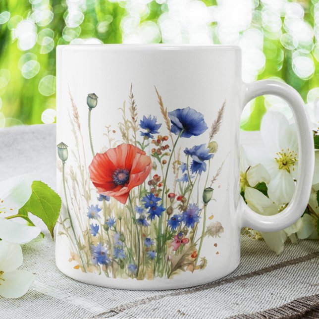 Caneca De Café Poppies & Cornflower: Aquarela Rústica (Criador carregado)