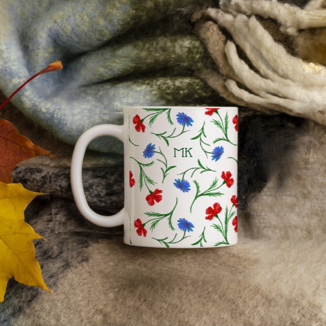 Caneca De Café Poppy & Cornflower, Red Blue Floral Monograma (Criador carregado)