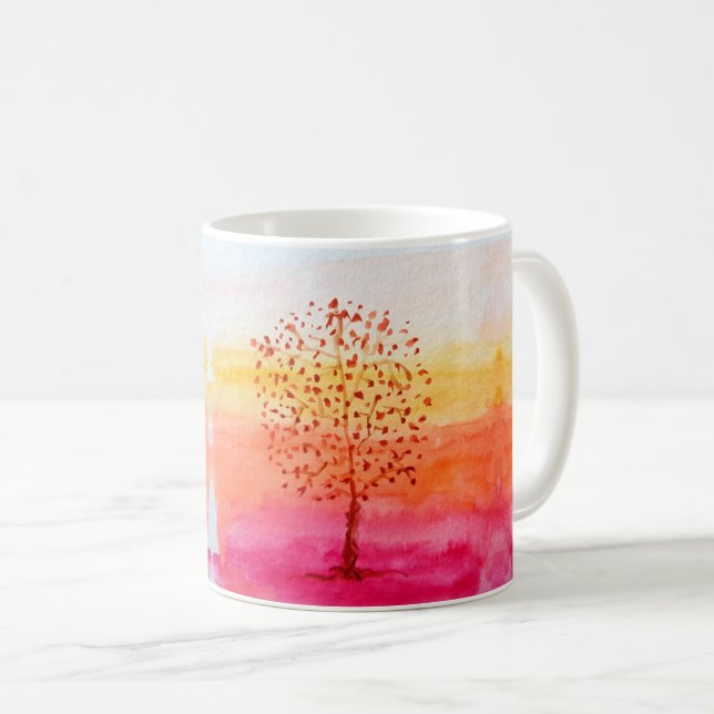 Caneca De Café Pôr do Sol Árvore Aquarela Pintado à Mão (Frente Esquerda)
