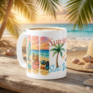 Caneca De Café Pôr do sol e dias lentos Arte tropical de praia co
