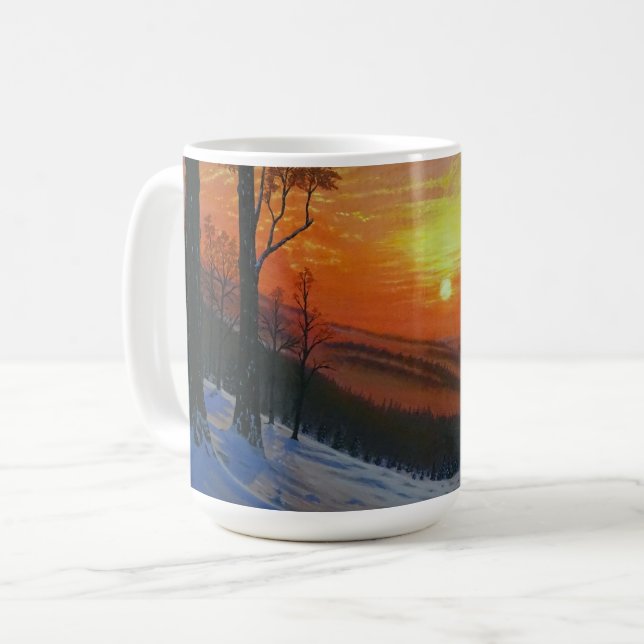 Caneca de Café - "Pôr do Sol sobre Floresta Nevada (Frente Esquerda)