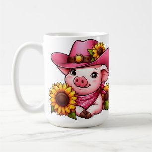 Caneca De Café Porco de desenho animado com chapéu rosa e girassó