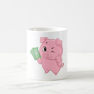 Caneca De Café Porco Rosa Segurando Dinheiro Fazendo Sinal de Pos