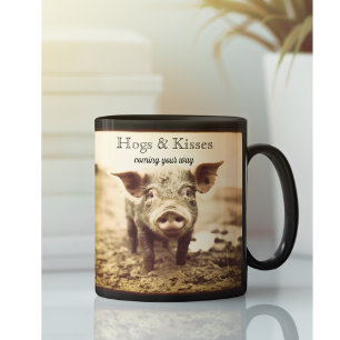 Caneca De Café Porcos & Beijos Porco Rústico Sépia Antiga